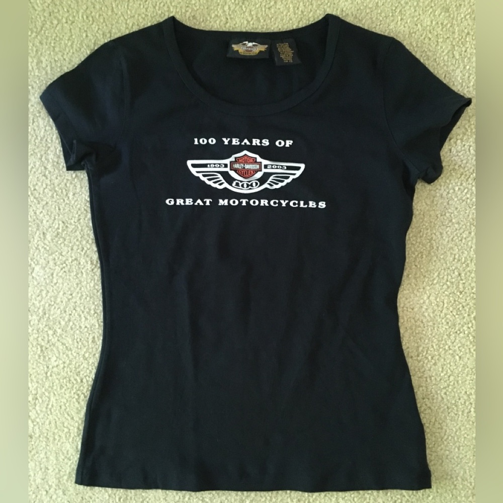 Harley-Davidson Woman’s Black T-Shirt with White and Red 100 Years Wing Logo